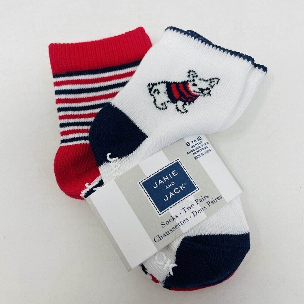 Janie and Jack Baby Boys 6-12 Months Puppy Dog and Striped Sock 2 Pack in White
